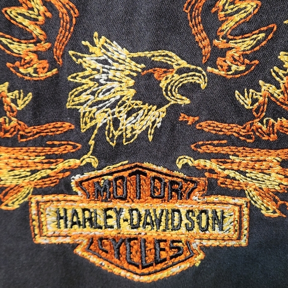 Harley Davidson Embroidered Flame Eagle Black Denim Button Down Shirt Small Y2K - Picture 4 of 13